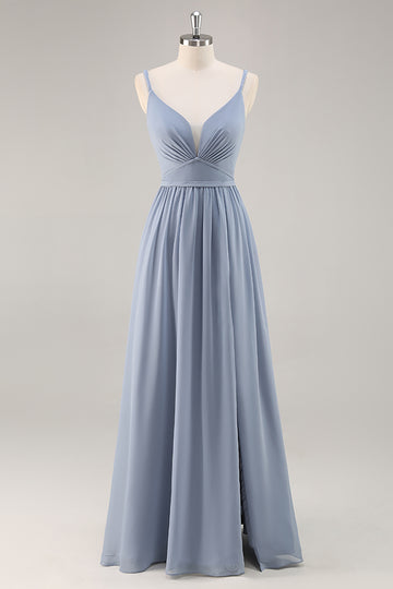 Dusty Blue Chiffon Ruched Long Bridesmaid Dress with Slit